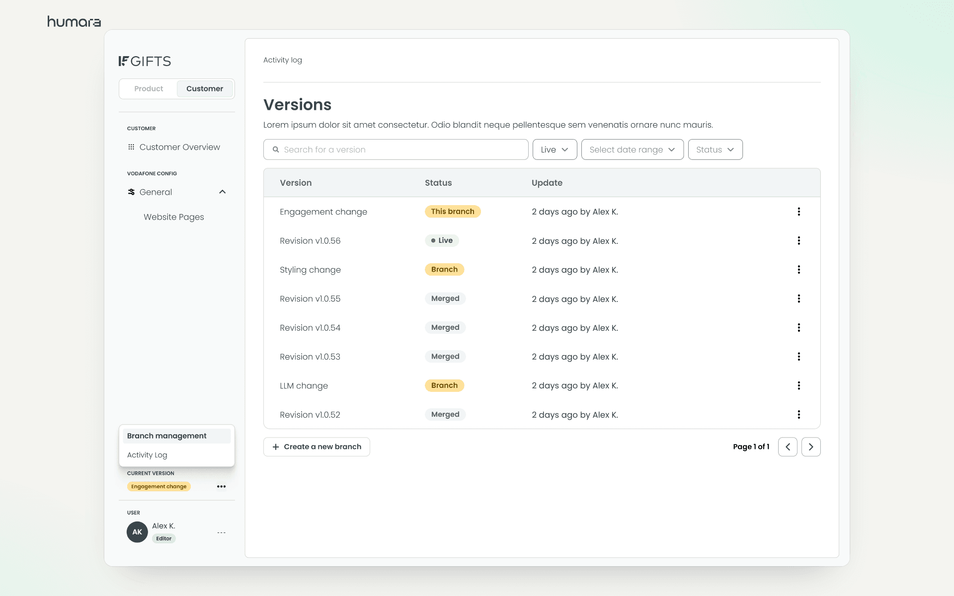 Versions: branches, live and merged